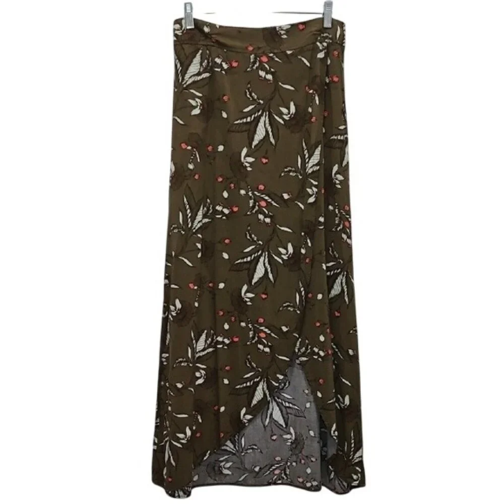 Express Floral Wrap Pull On Maxi Skirt Size Small Olive Green Careerwear Office